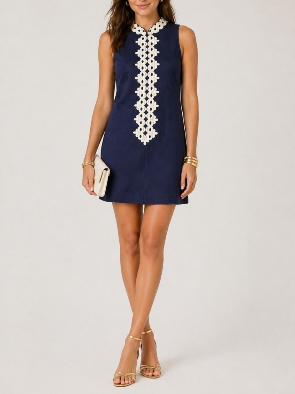 Lilly Pulitzer Vintage Navy Shift Dress White Soutache Trim Sleeveless Size XS